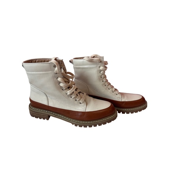 Womens White and Cognac Brown Two Tone Lace Up Lug Sole Combat Boots Size 8 - Picture 6 of 10